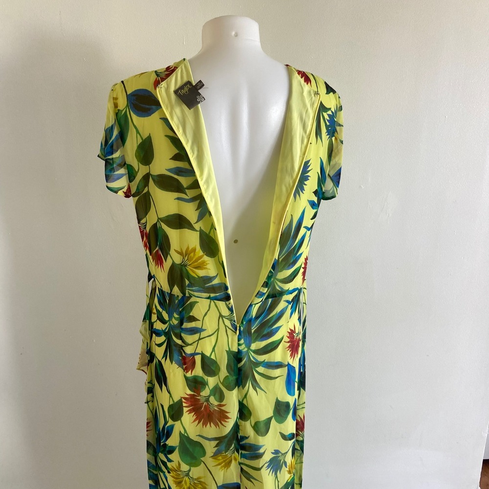 Taylor Lime Green Floral Chiffon Faux Wrap Maxi Dress Sz 14 Tropical Ruffle Hem - Picture 7 of 8